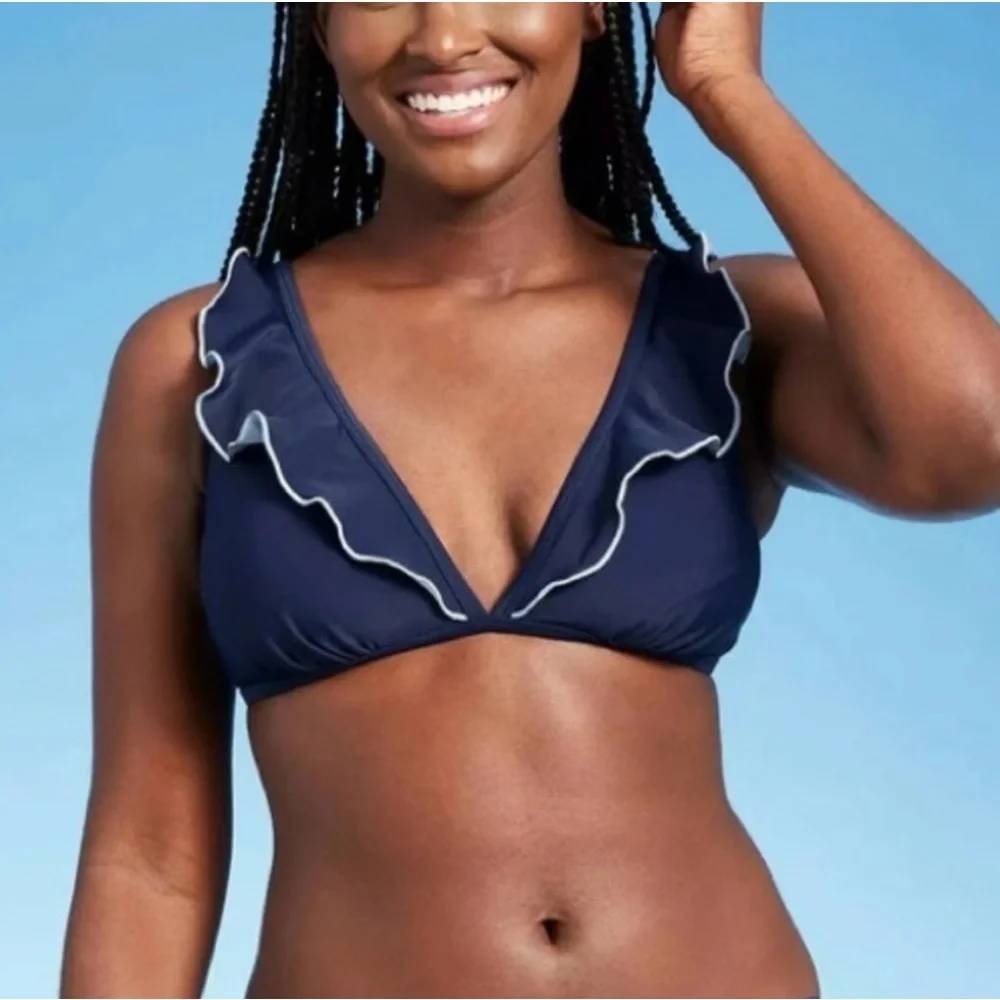 Kona Sol NWT Ruffled Oxford Blue Bikini Top Large - Picture 1 of 8
